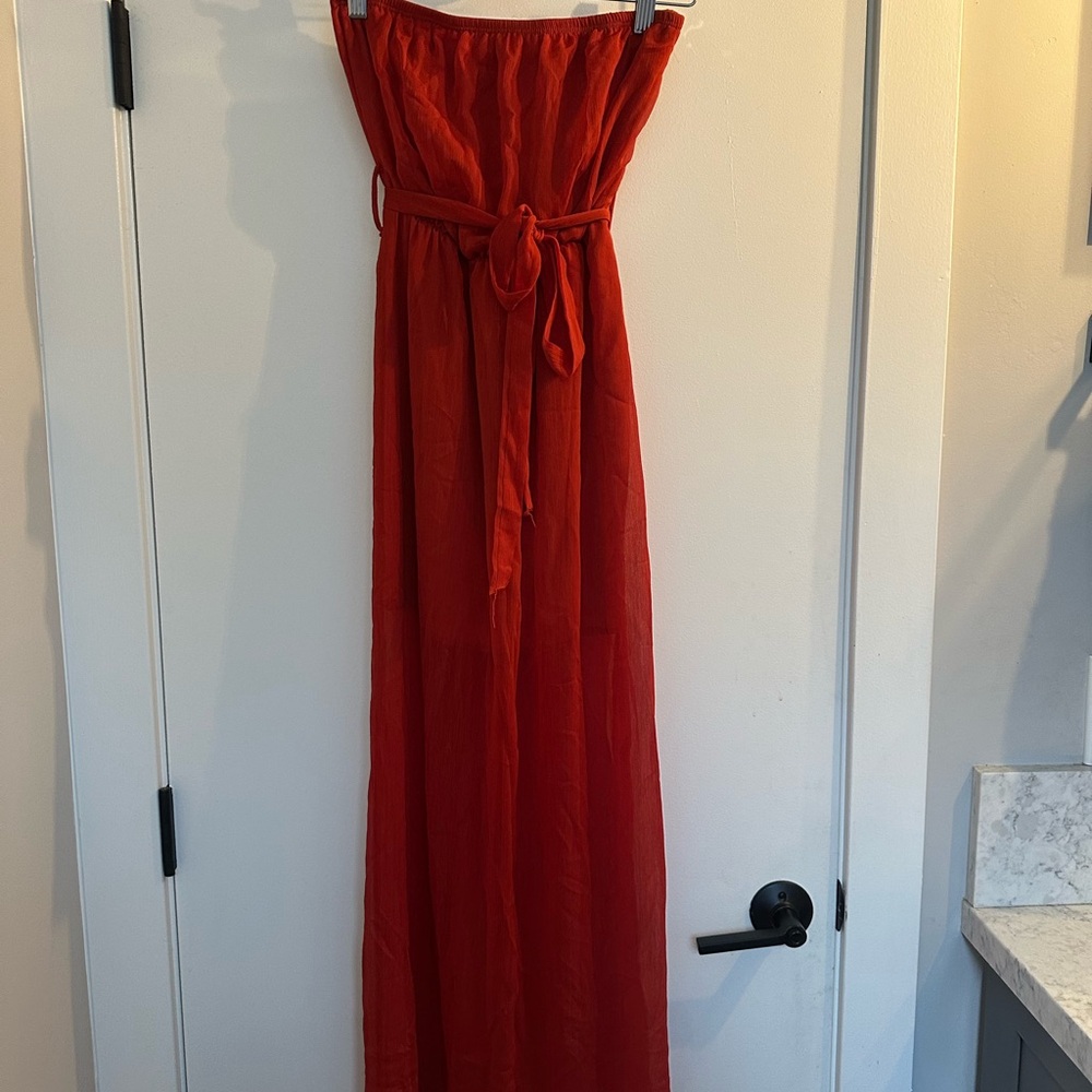 Elegant Burnt Orange Strapless Maxi Dress